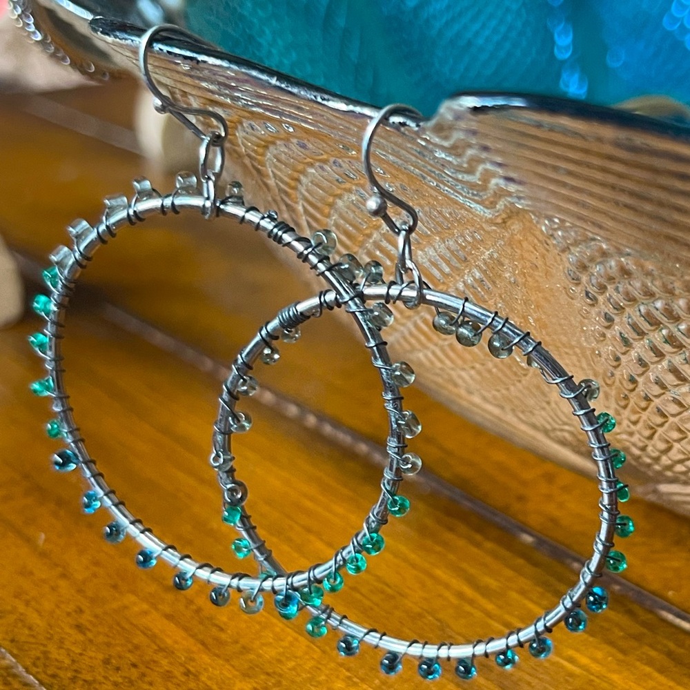 Blue & Green Beaded Hoops